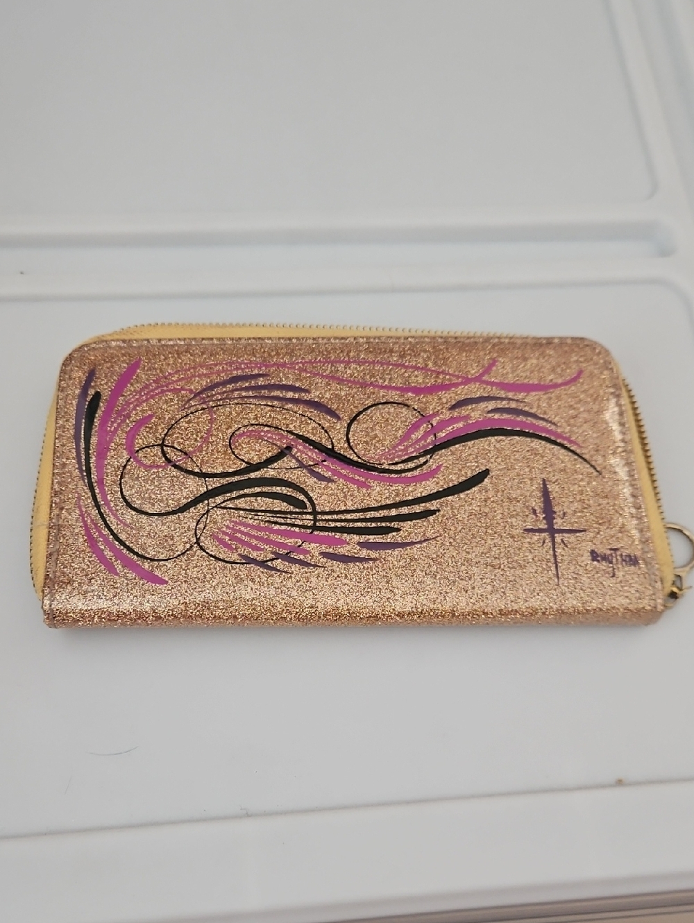 Glitter Zip Wallet with Purple & Black Pinstriped